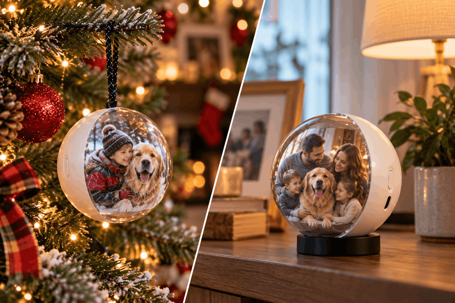 Memory Orb photo and video ornament hanging on a Christmas tree